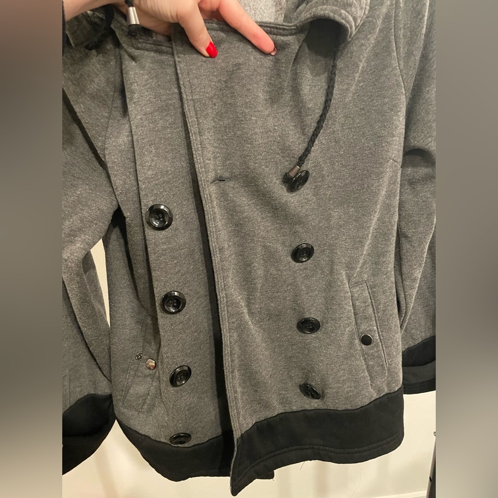 Grey & black coat w/ detachable hood - Picture 6 of 8